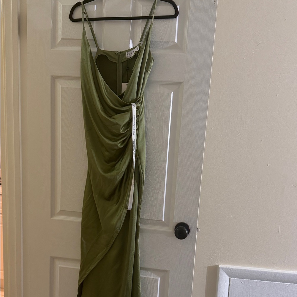 Olive Draped Satin Maxi Dress with Spaghetti Straps